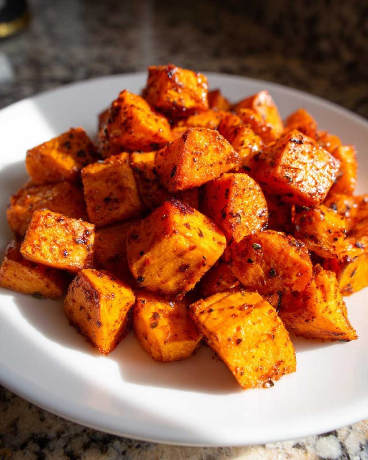 A close-up of bright orange, seasoned Air Fryer Sweet Potato Cubes piled high on a white plate.