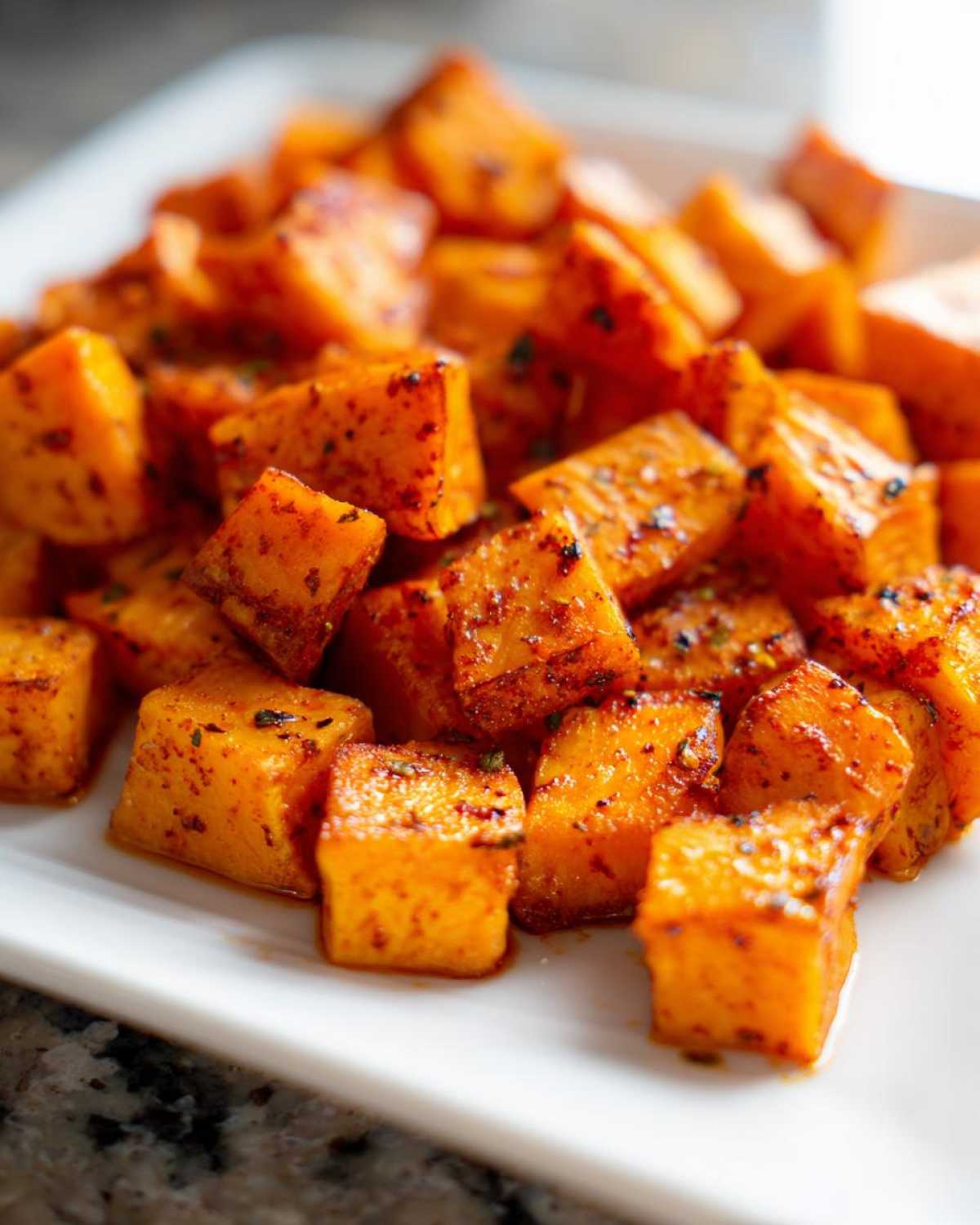 Close-up of perfectly seasoned and slightly caramelized Air Fryer Sweet Potato Cubes piled on a white plate.