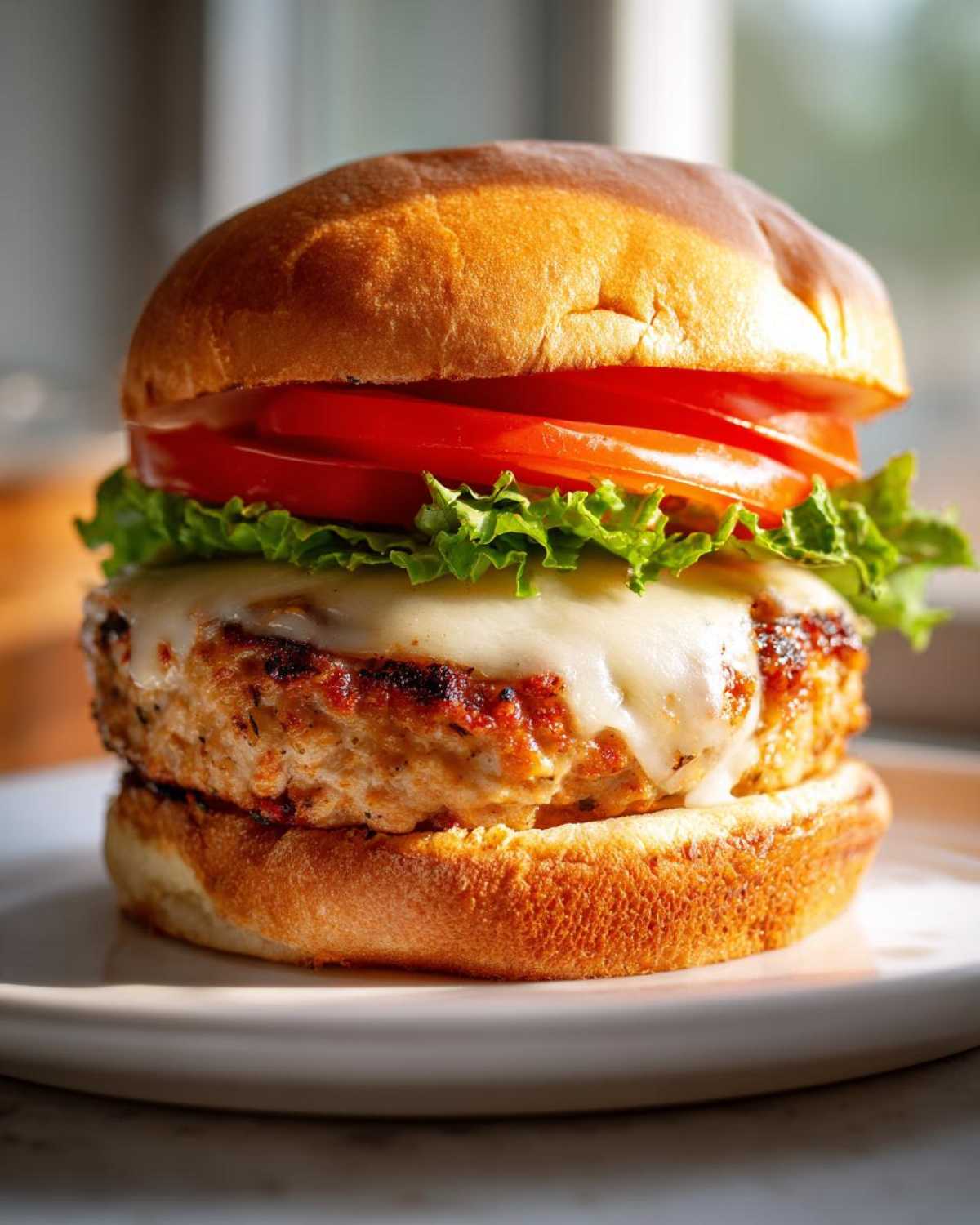 Close-up of a juicy Air Fryer Turkey Burger topped with melted white cheese, lettuce, and tomato on a toasted bun.