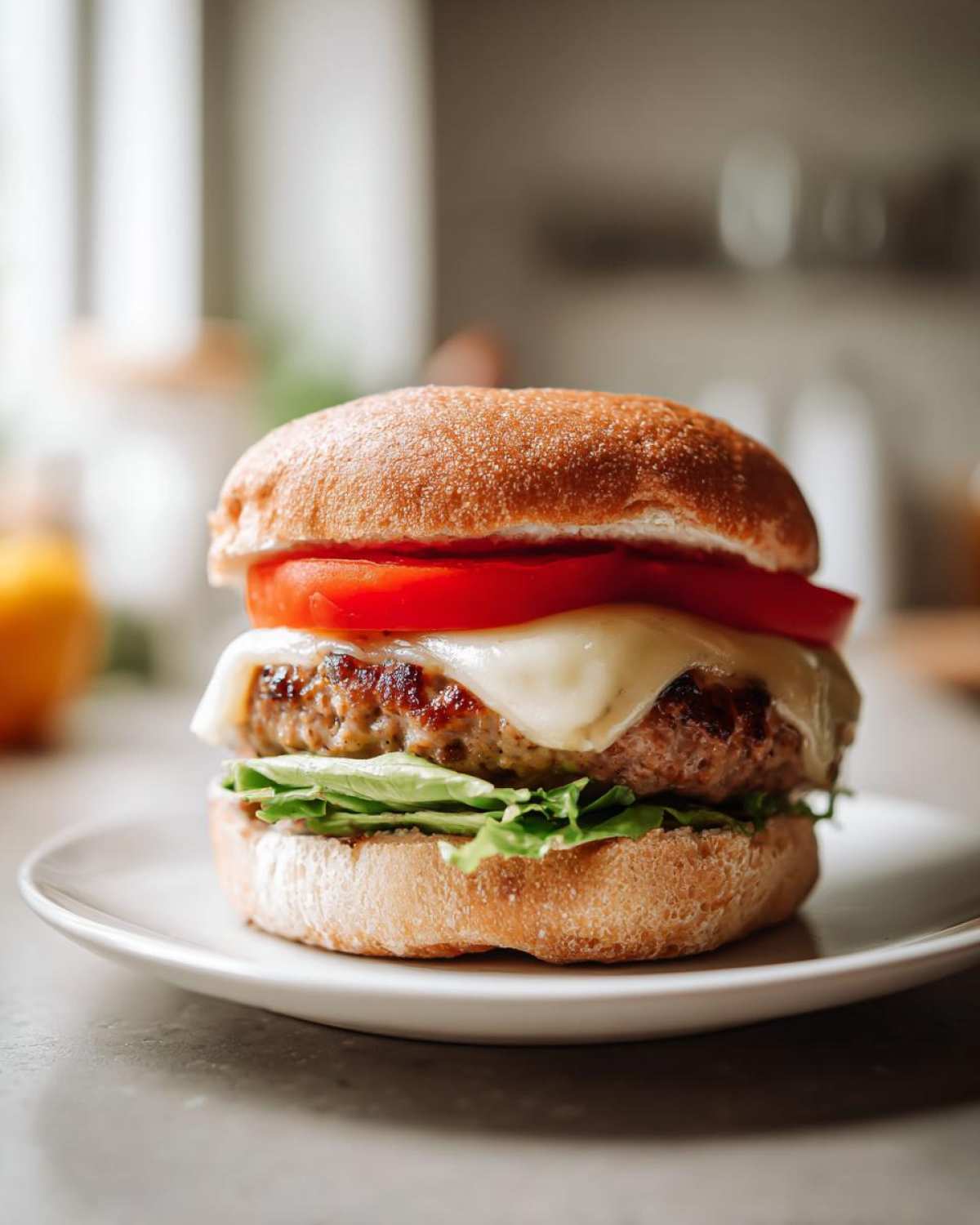 A delicious Air Fryer Turkey Burgers patty topped with melted cheese, tomato, and lettuce on a toasted bun.