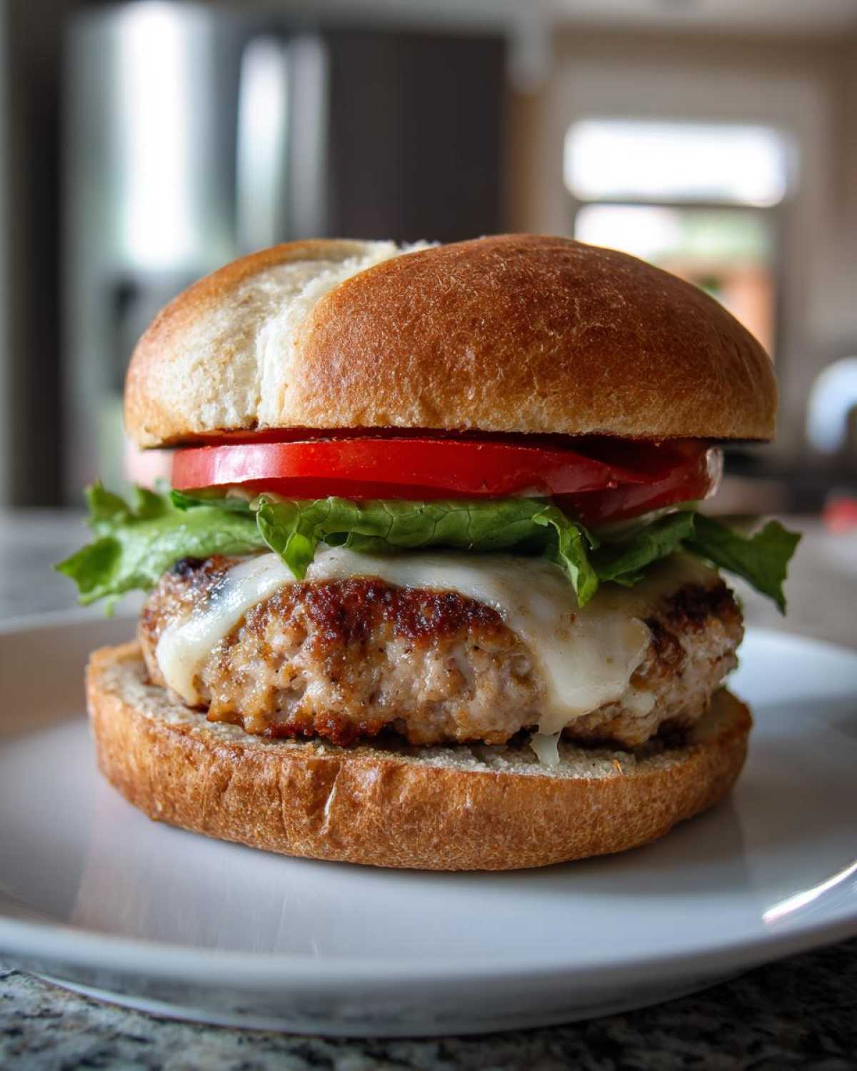 A close-up of a juicy Air Fryer Turkey Burger topped with melted cheese, lettuce, and tomato on a toasted bun.