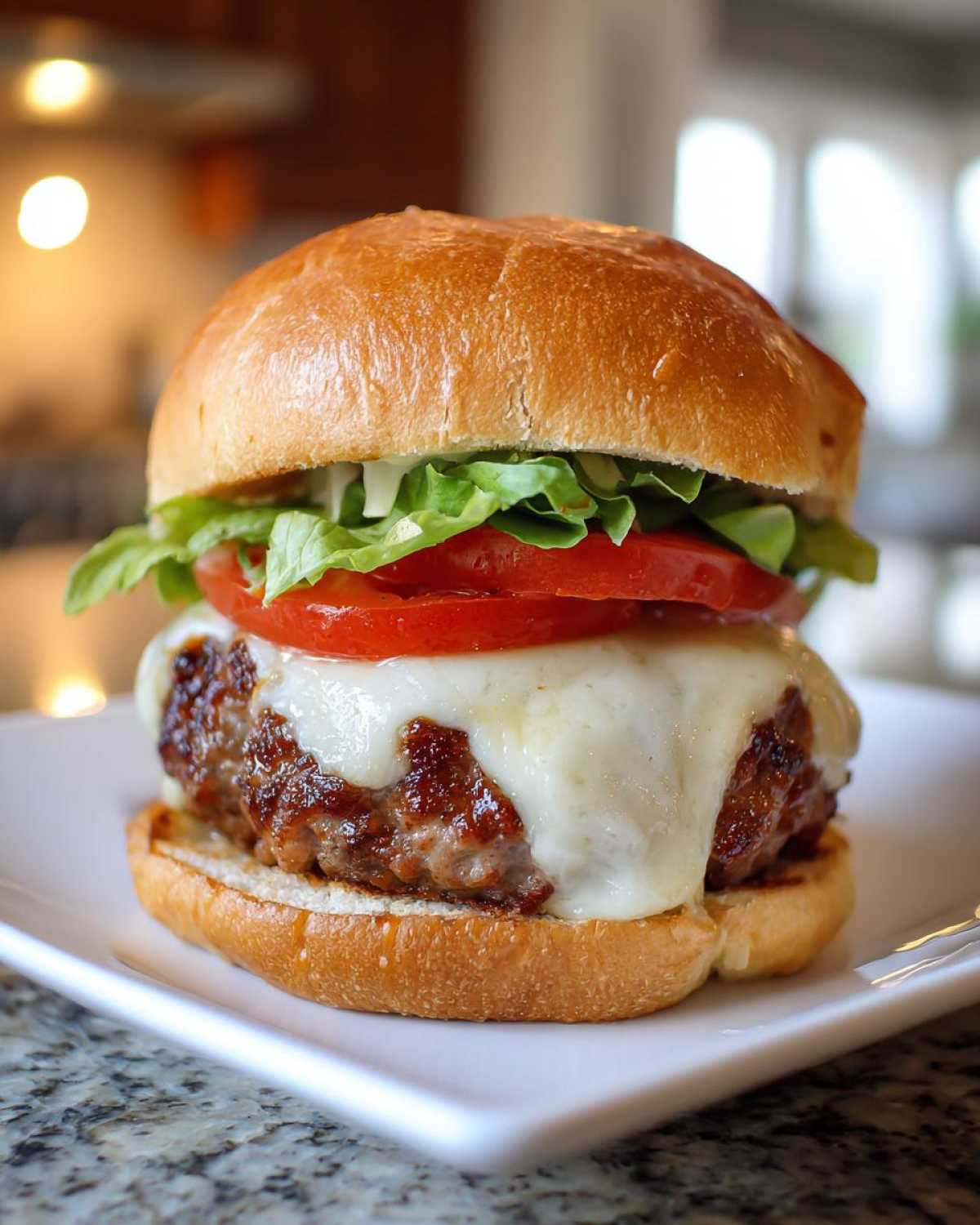 A juicy, cheesy Air Fryer Turkey Burger stacked on a toasted bun with lettuce and tomato.