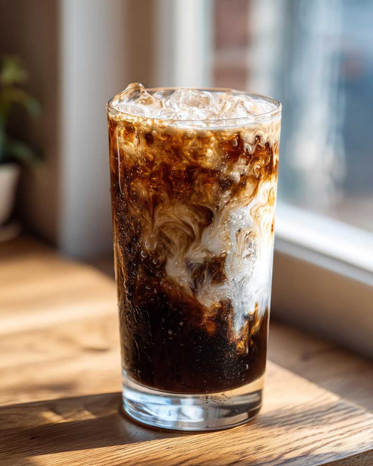 Close-up of a tall glass filled with an Iced Mocha, showing dark coffee swirling beautifully with white cream over ice cubes.