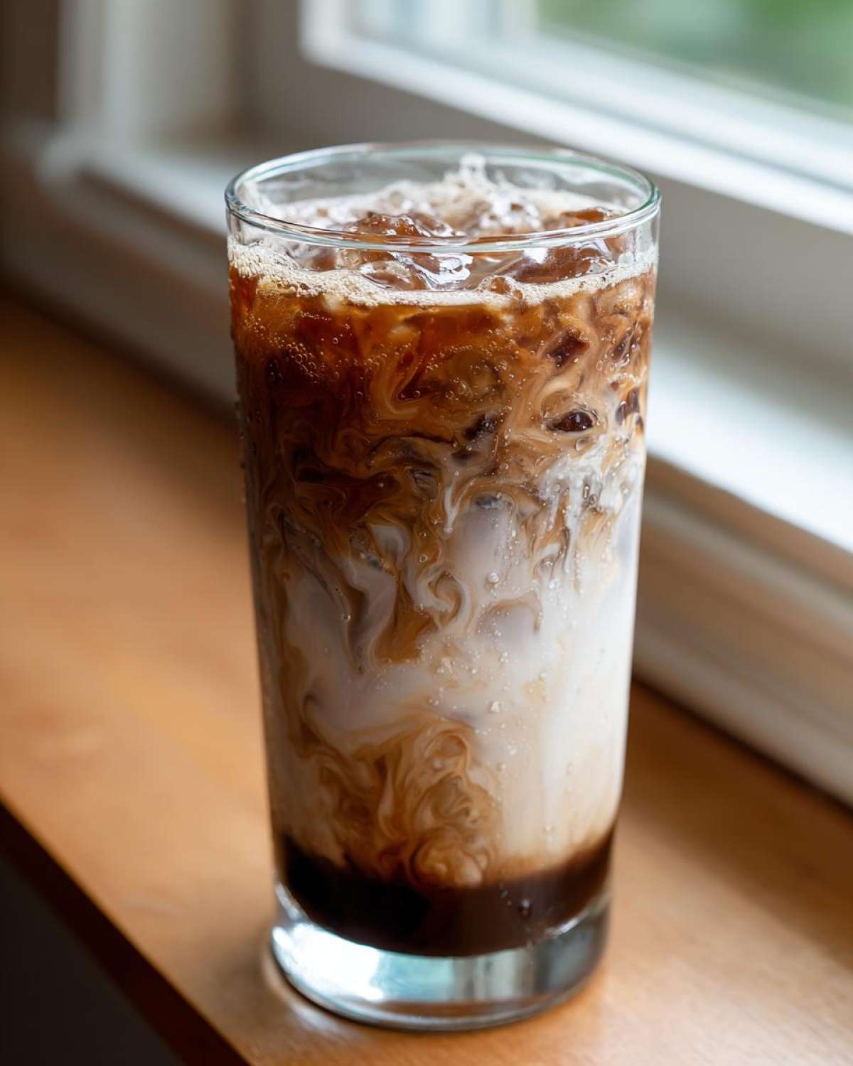 A tall glass of Iced Mocha showing rich swirls of dark coffee mixing with white milk over ice.