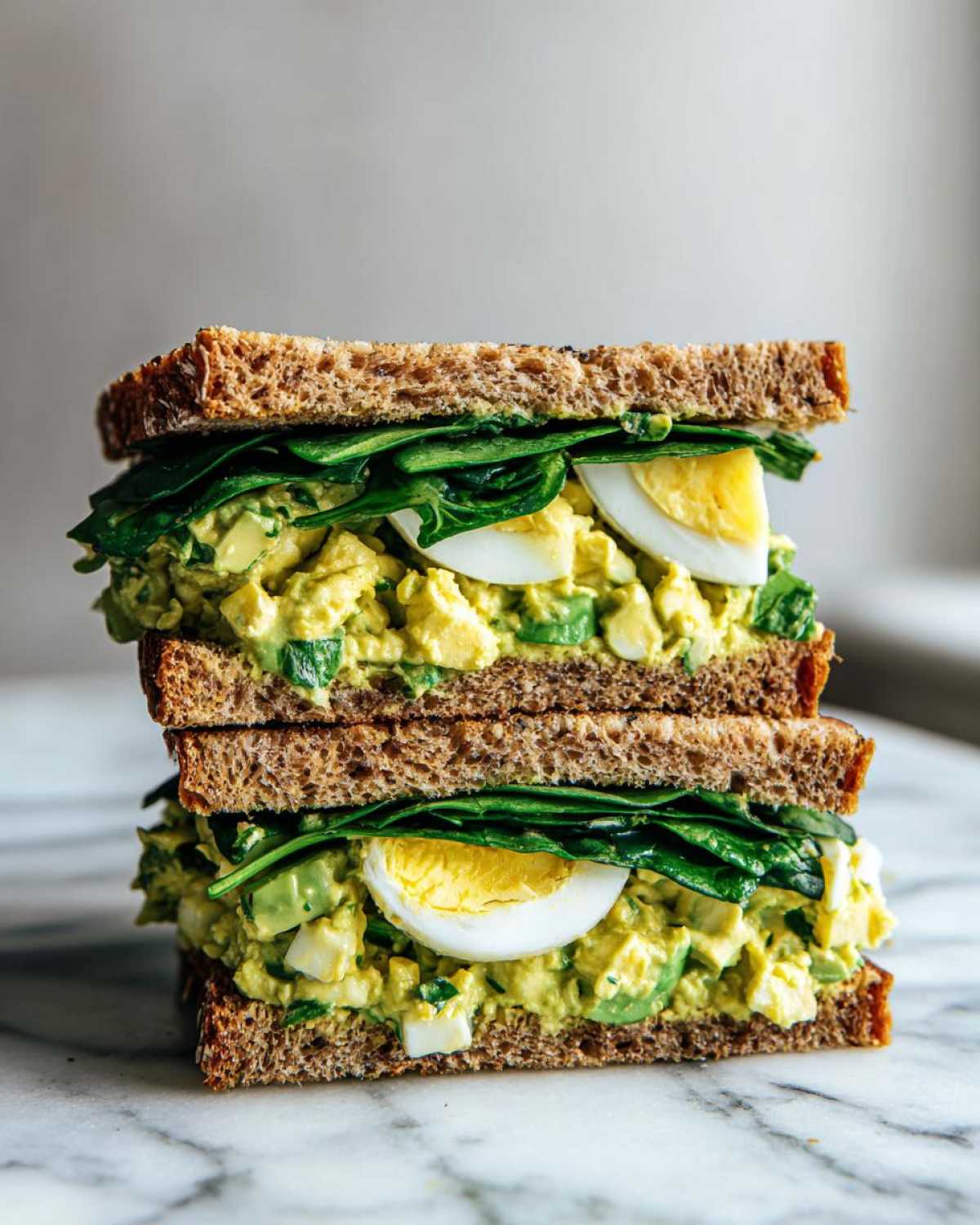 A tall stack of two halves of an Avocado Egg Salad Sandwich on whole wheat bread with spinach and sliced hard-boiled egg.