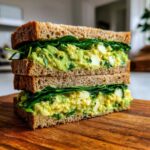 A tall, stacked Avocado Egg Salad Sandwich featuring creamy green filling and fresh spinach on whole wheat bread.