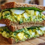 A tall, stacked Avocado Egg Salad Sandwich featuring creamy green filling, visible egg chunks, and fresh spinach on whole-grain bread.