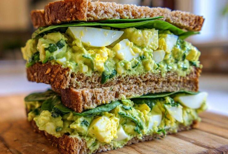 A tall, stacked Avocado Egg Salad Sandwich featuring creamy green filling, visible egg chunks, and fresh spinach on whole-grain bread.