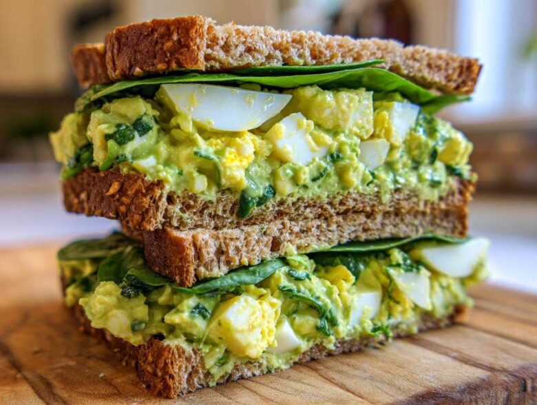 A tall, stacked Avocado Egg Salad Sandwich featuring creamy green filling, visible egg chunks, and fresh spinach on whole-grain bread.