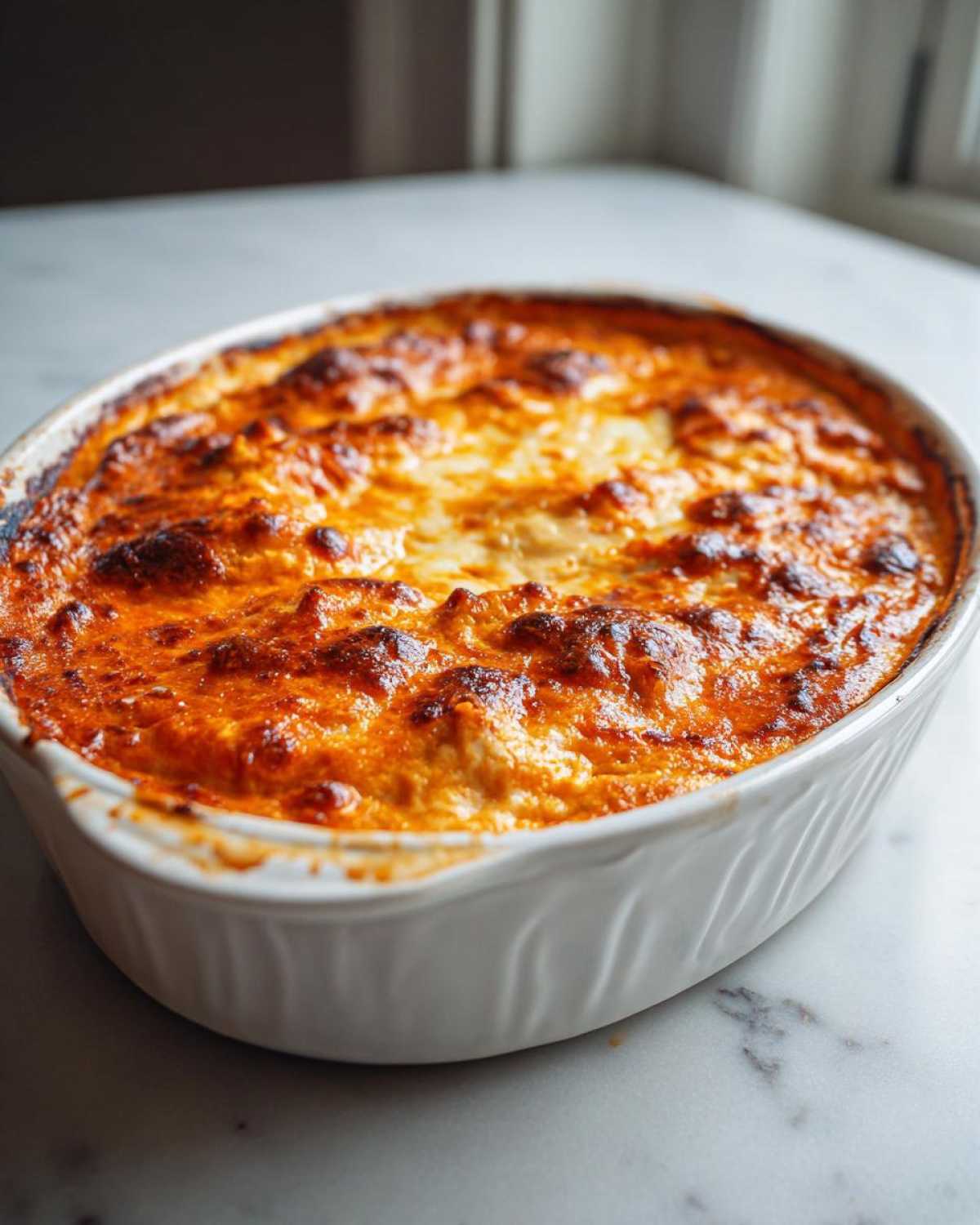 Close-up of hot, bubbly Baked Buffalo Chicken Dip with a perfectly browned and cheesy top in a white oval baking dish.