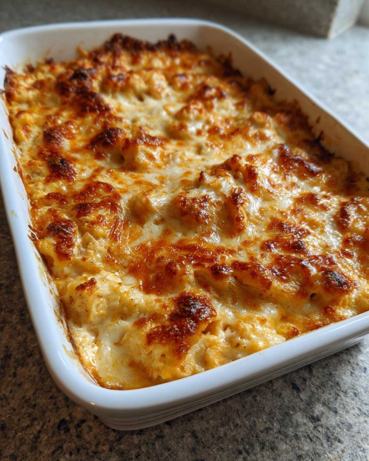 Close-up of hot Baked Buffalo Chicken Dip with a bubbly, golden-brown melted cheese topping.