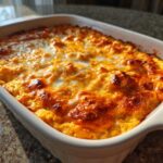 Close-up of a golden brown, bubbly Baked Buffalo Chicken Dip in a white ceramic baking dish.