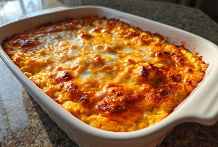 Close-up of a golden brown, bubbly Baked Buffalo Chicken Dip in a white ceramic baking dish.