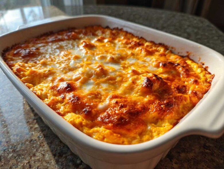 Close-up of a golden brown, bubbly Baked Buffalo Chicken Dip in a white ceramic baking dish.
