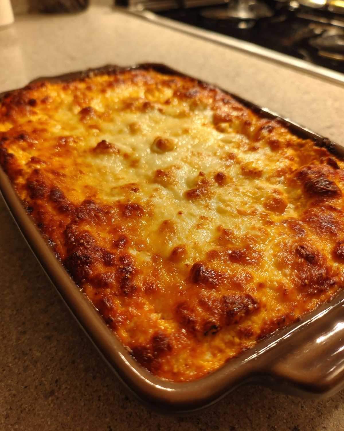 Close-up of a bubbling, golden-brown Baked Buffalo Chicken Dip fresh out of the oven in a brown ceramic dish.