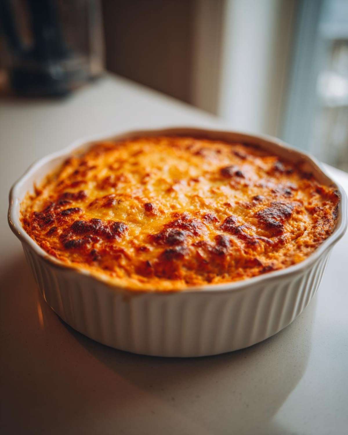 A close-up of freshly Baked Buffalo Chicken Dip with a bubbly, browned cheese topping in a white ceramic dish.