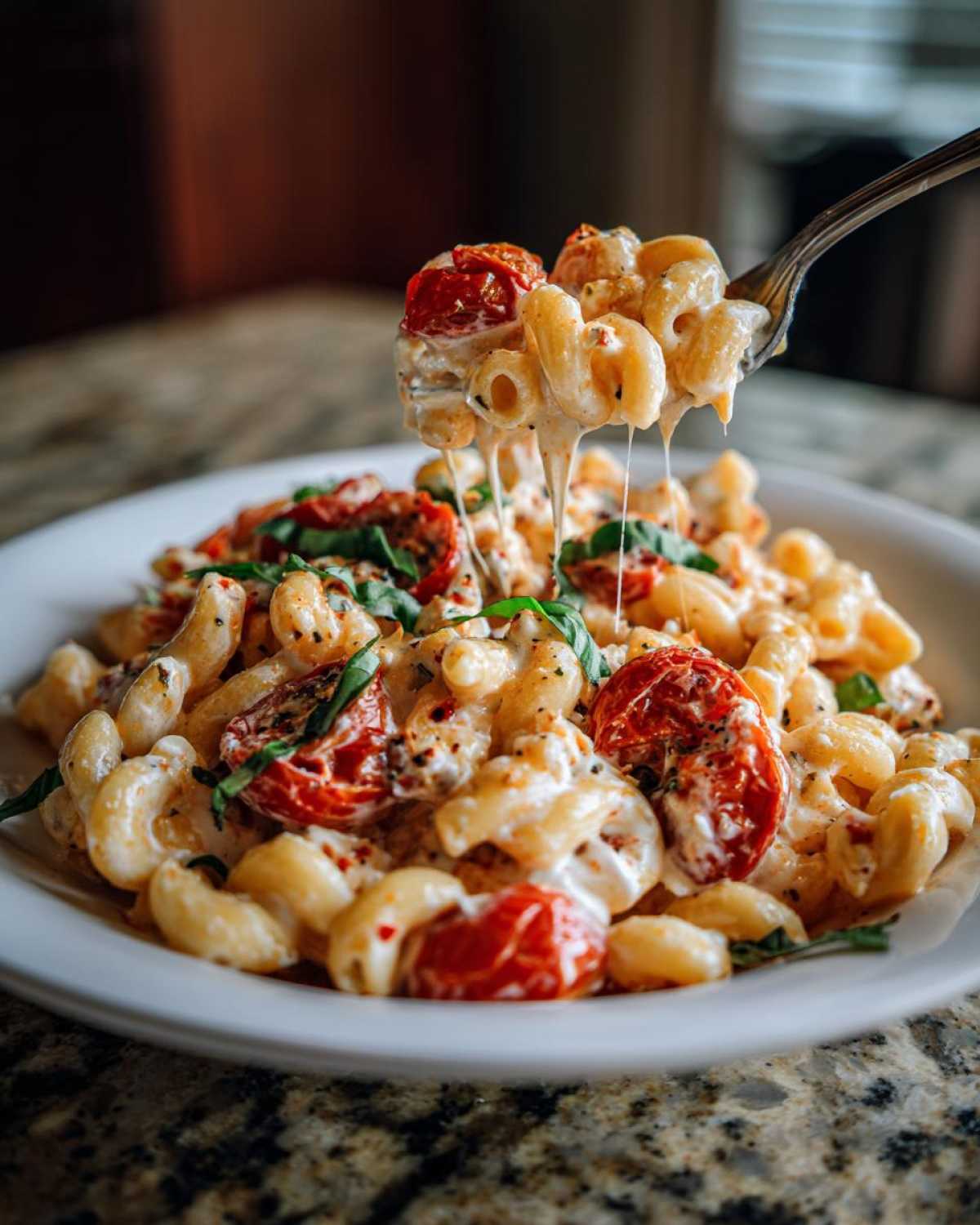 A fork lifting cheesy pasta showing cheese pull from a bowl of Baked Feta Pasta with Cherry Tomatoes.