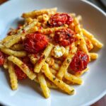 Close-up of creamy Baked Feta Pasta with cherry tomatoes and melted feta cheese served in a white bowl.