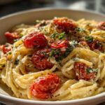 Close-up of creamy Baked Feta Pasta with roasted cherry tomatoes and fresh herbs.
