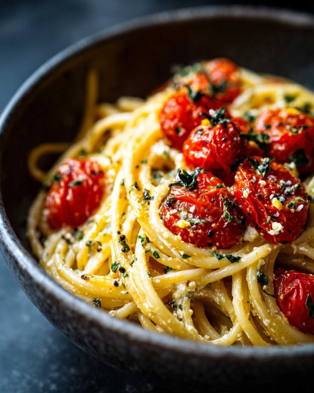 Close-up of creamy Baked Feta Pasta with roasted cherry tomatoes and fresh herbs in a dark bowl.