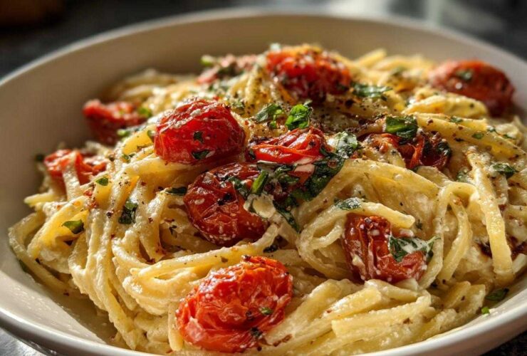 Close-up of creamy Baked Feta Pasta with roasted cherry tomatoes and fresh herbs.