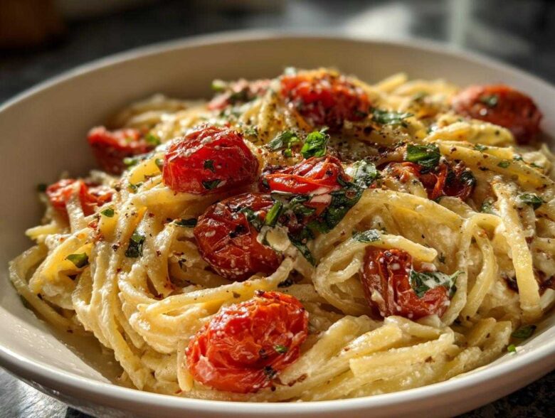 Close-up of creamy Baked Feta Pasta with roasted cherry tomatoes and fresh herbs.