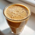 Close-up of a thick, brown Banana Peanut Butter Smoothie with a frothy top in a glass.
