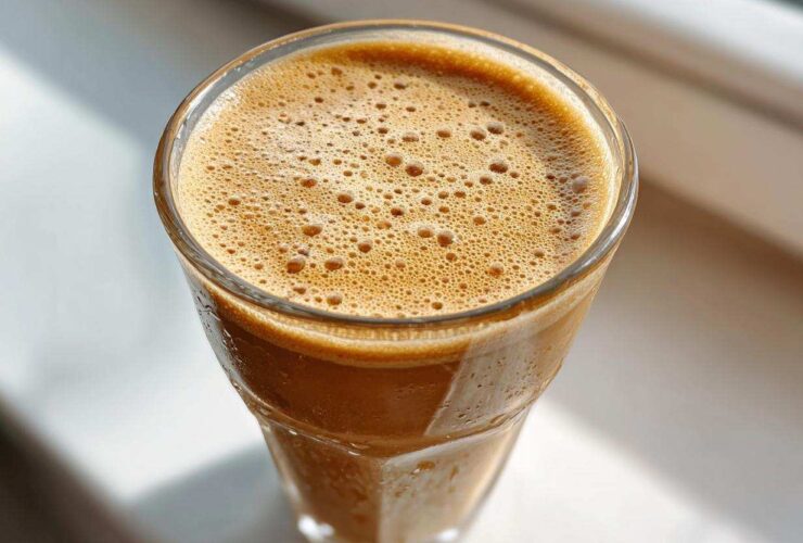 Close-up of a thick, brown Banana Peanut Butter Smoothie with a frothy top in a glass.