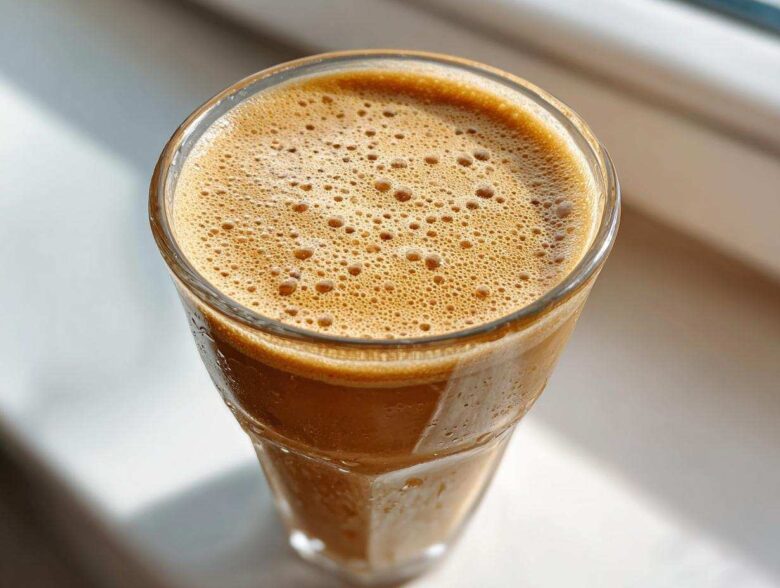 Close-up of a thick, brown Banana Peanut Butter Smoothie with a frothy top in a glass.