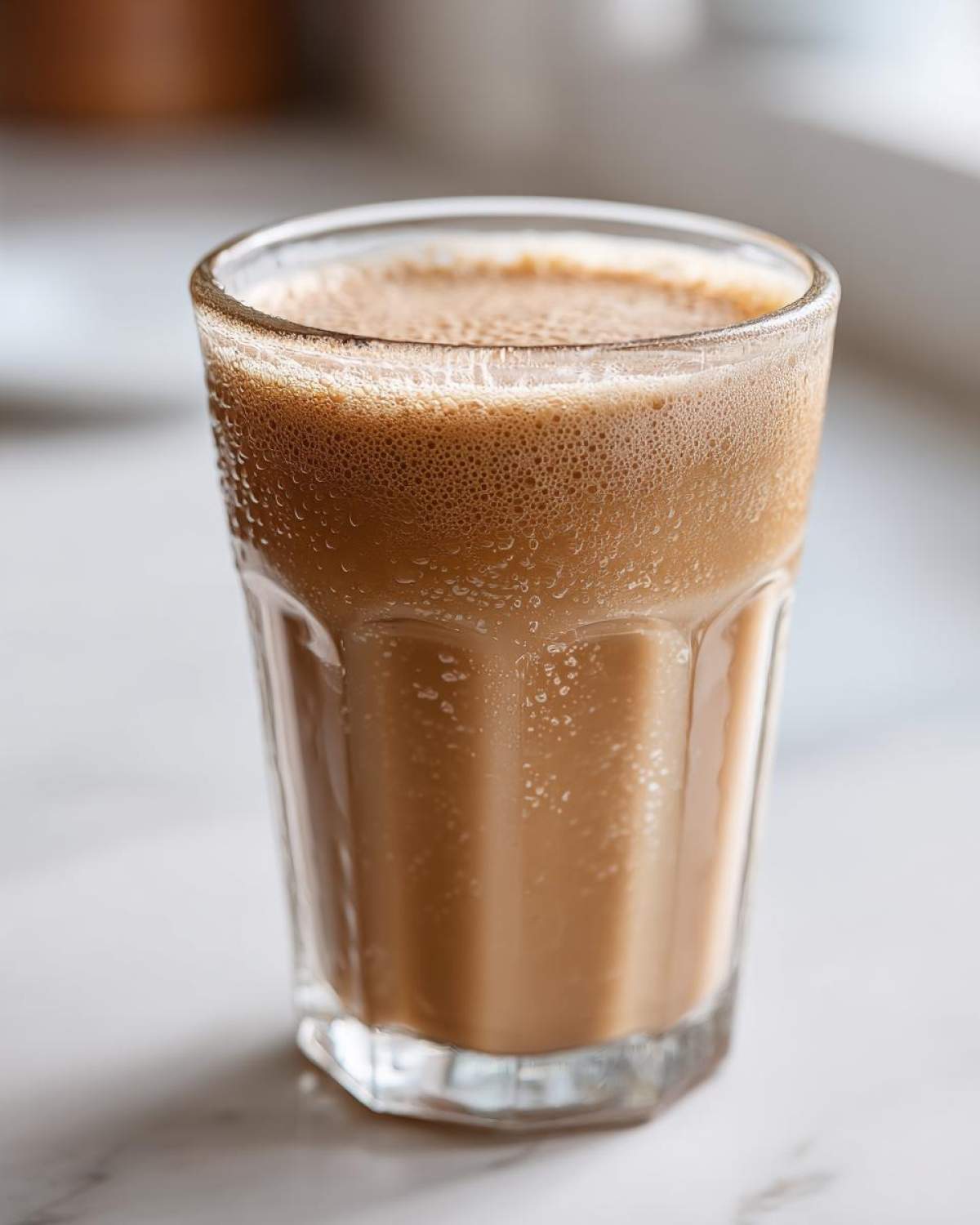Close-up of a chilled Banana Peanut Butter Smoothie with foam on top in a clear glass.
