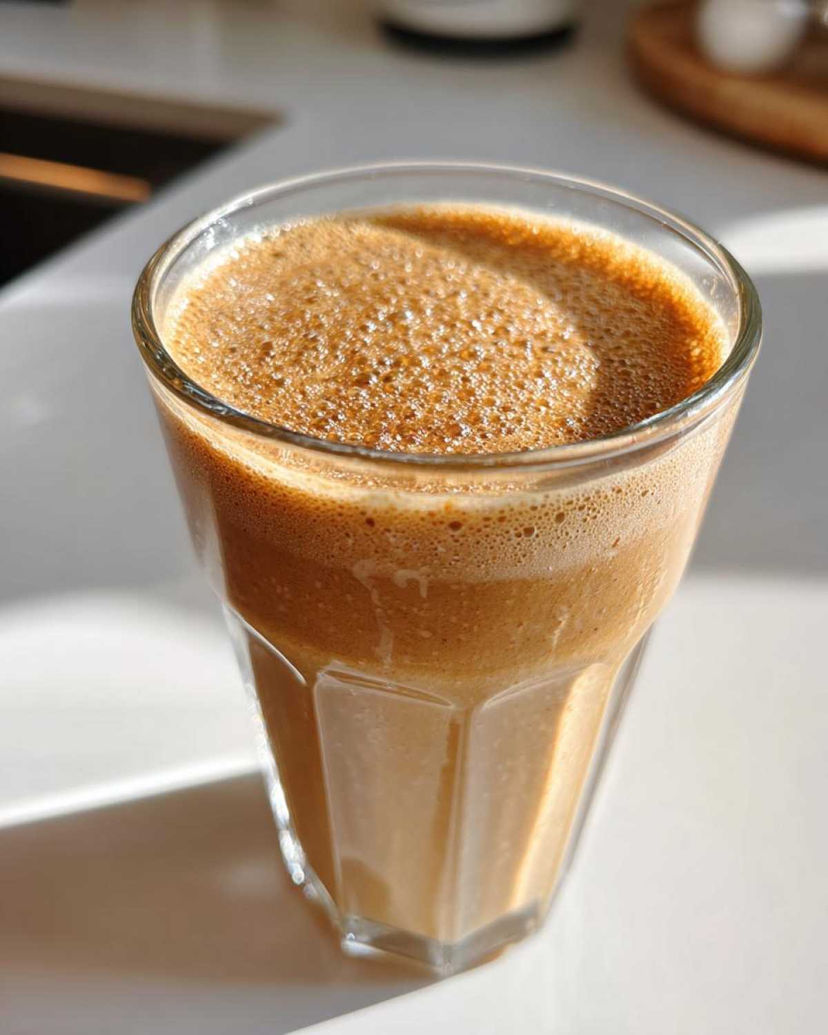 Close-up of a freshly blended Banana Peanut Butter Smoothie with a thick, foamy top in a clear glass.
