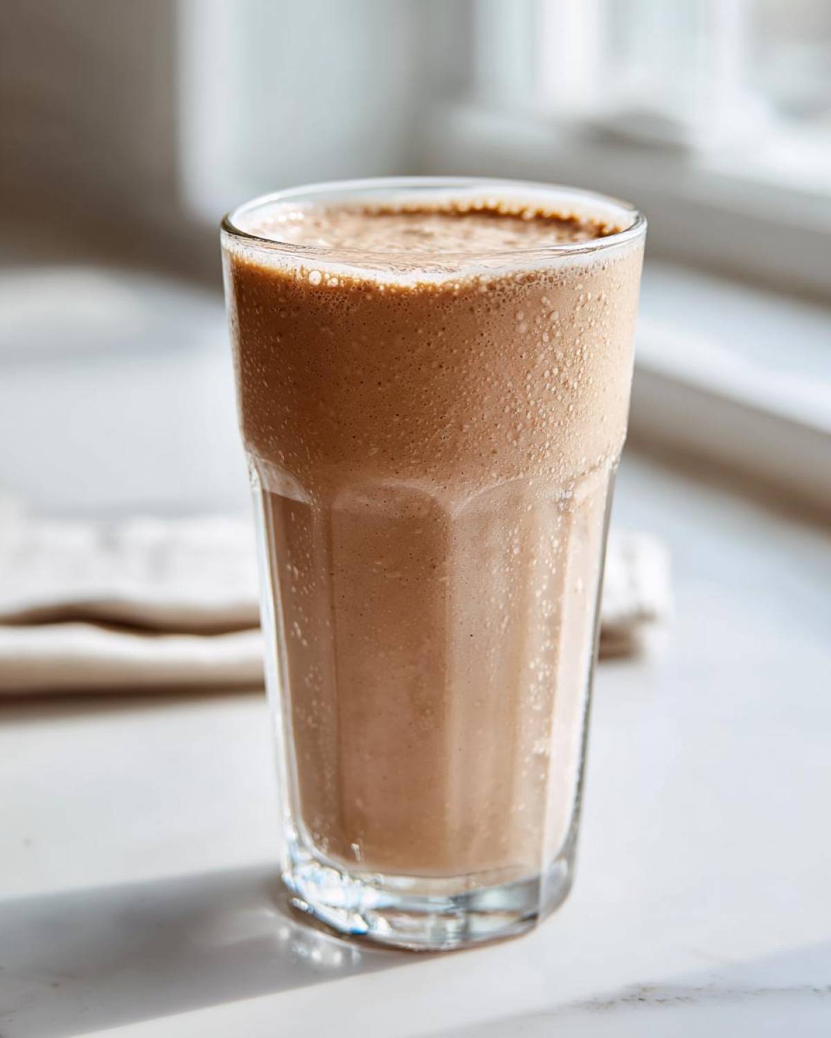 A tall glass filled with a frothy, brown Banana Peanut Butter Smoothie sitting on a bright white countertop.