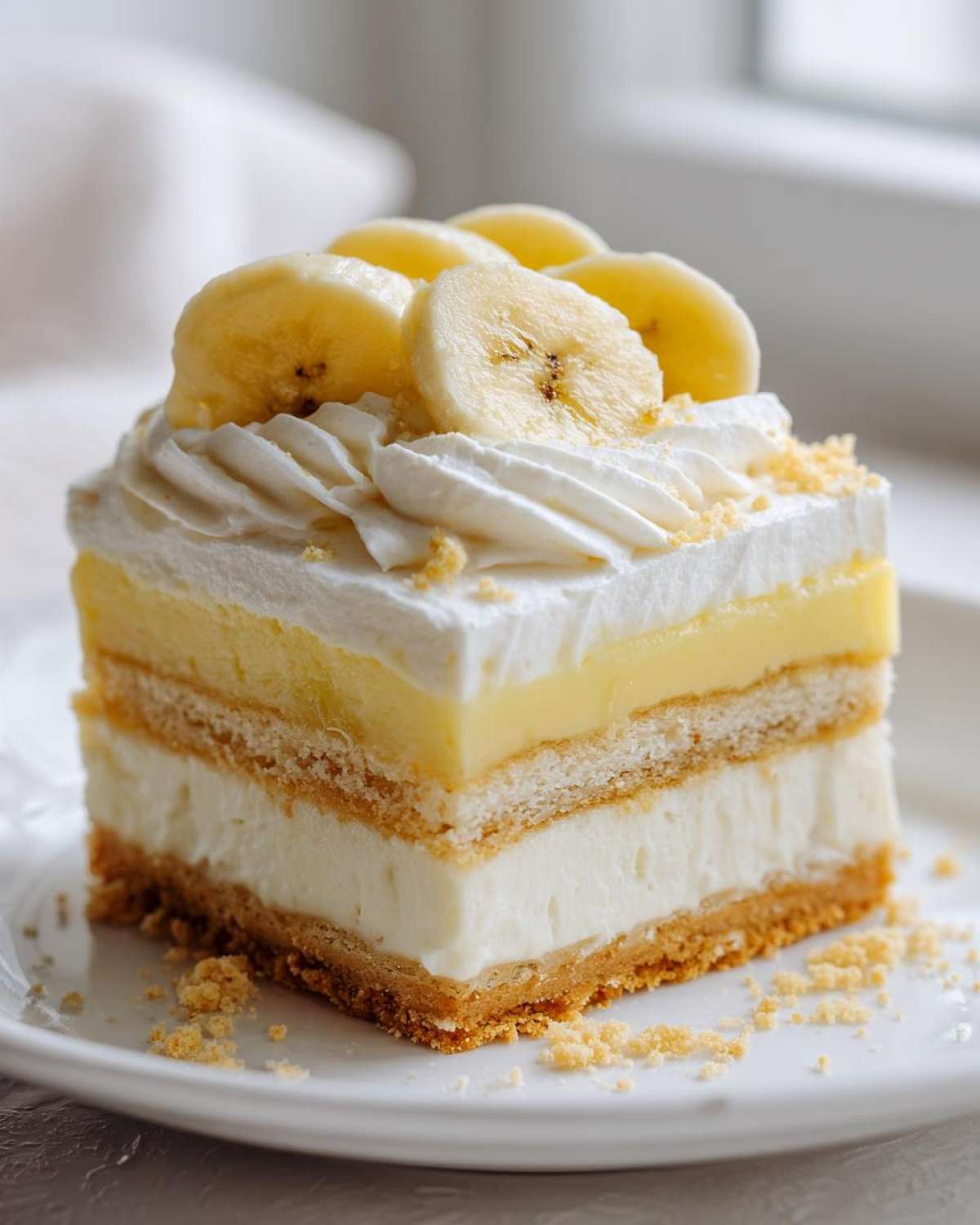 A tall, layered slice of Banana Pudding Cheesecake Bars topped with whipped cream and fresh banana slices.