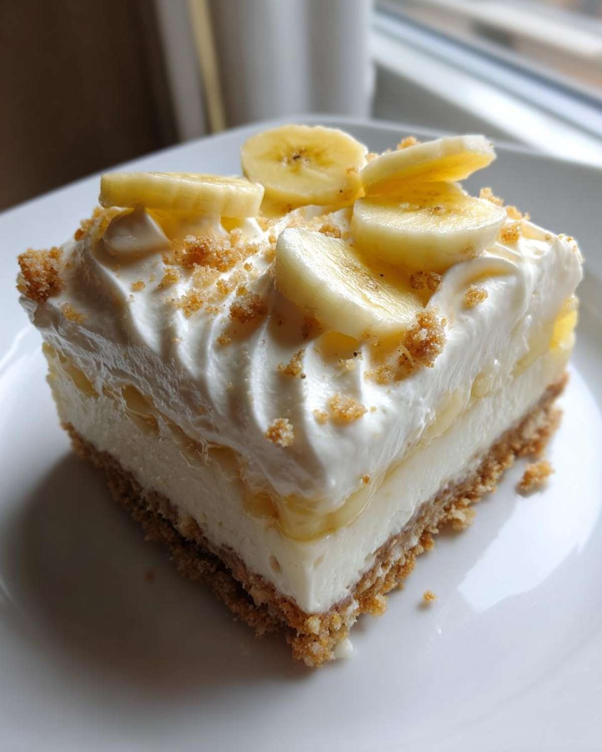 A single serving of Banana Pudding Cheesecake Bars with a graham cracker crust, creamy filling, whipped topping, and fresh banana slices.