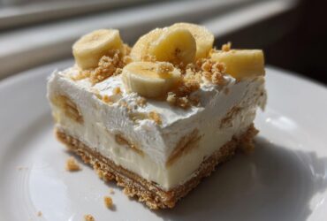 A single serving of Banana Pudding Cheesecake Bars topped with whipped cream, banana slices, and crumbs.