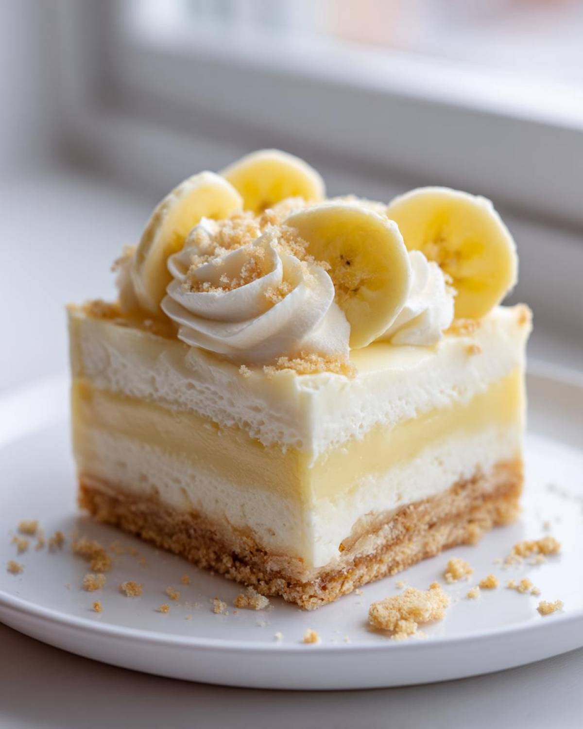 A perfect square slice of Banana Pudding Cheesecake Bars showing three distinct layers, topped with whipped cream and banana slices.