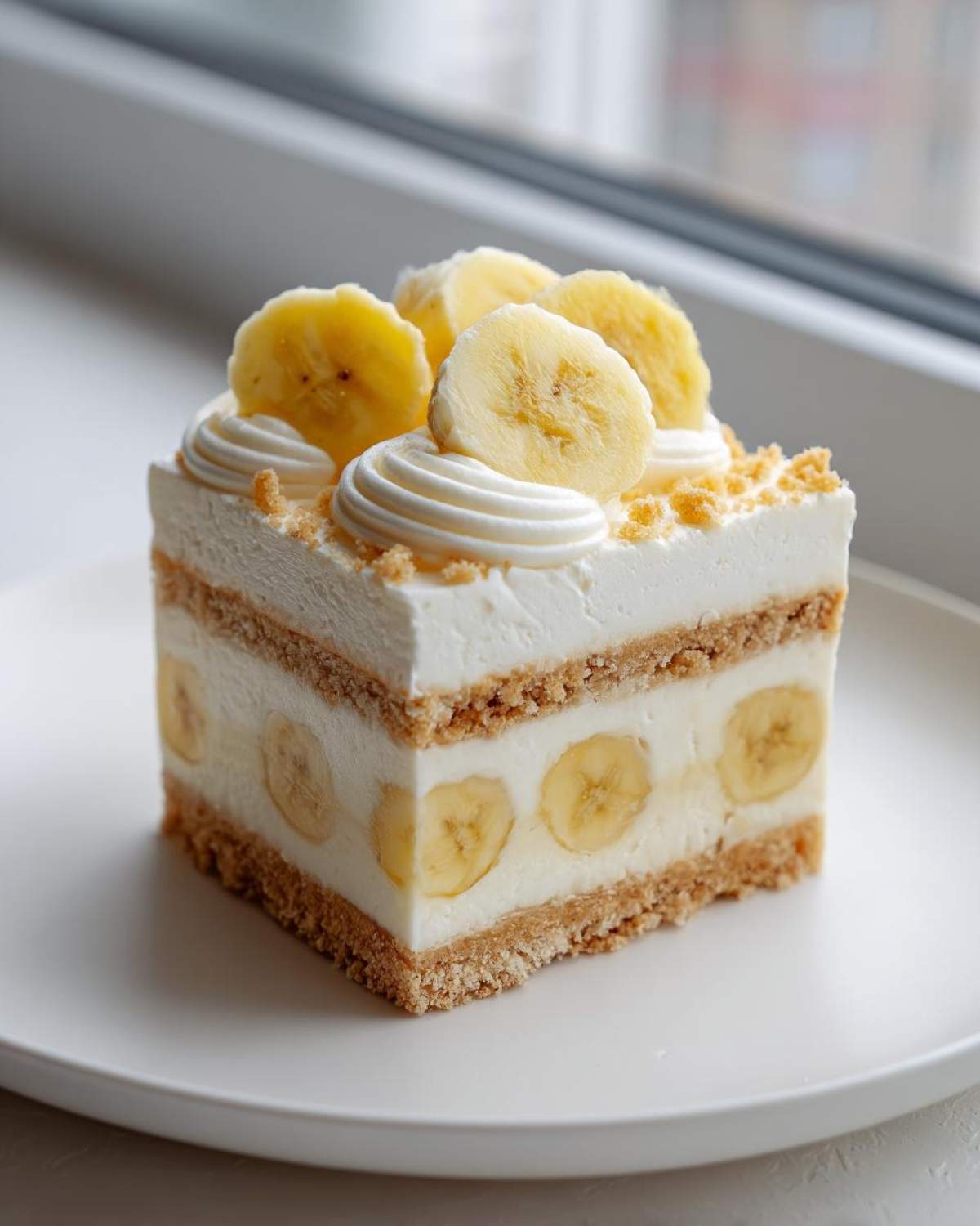 A perfect square slice of Banana Pudding Cheesecake Bars with layers of crust, cream filling, and fresh banana slices.