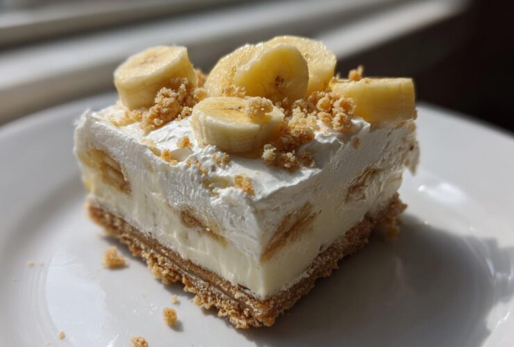 A single serving of Banana Pudding Cheesecake Bars topped with whipped cream, banana slices, and crumbs.