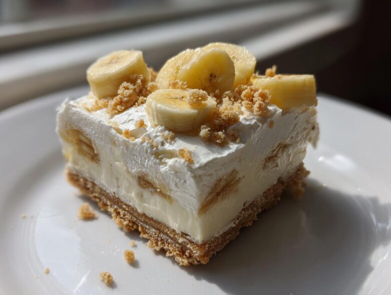 A single serving of Banana Pudding Cheesecake Bars topped with whipped cream, banana slices, and crumbs.