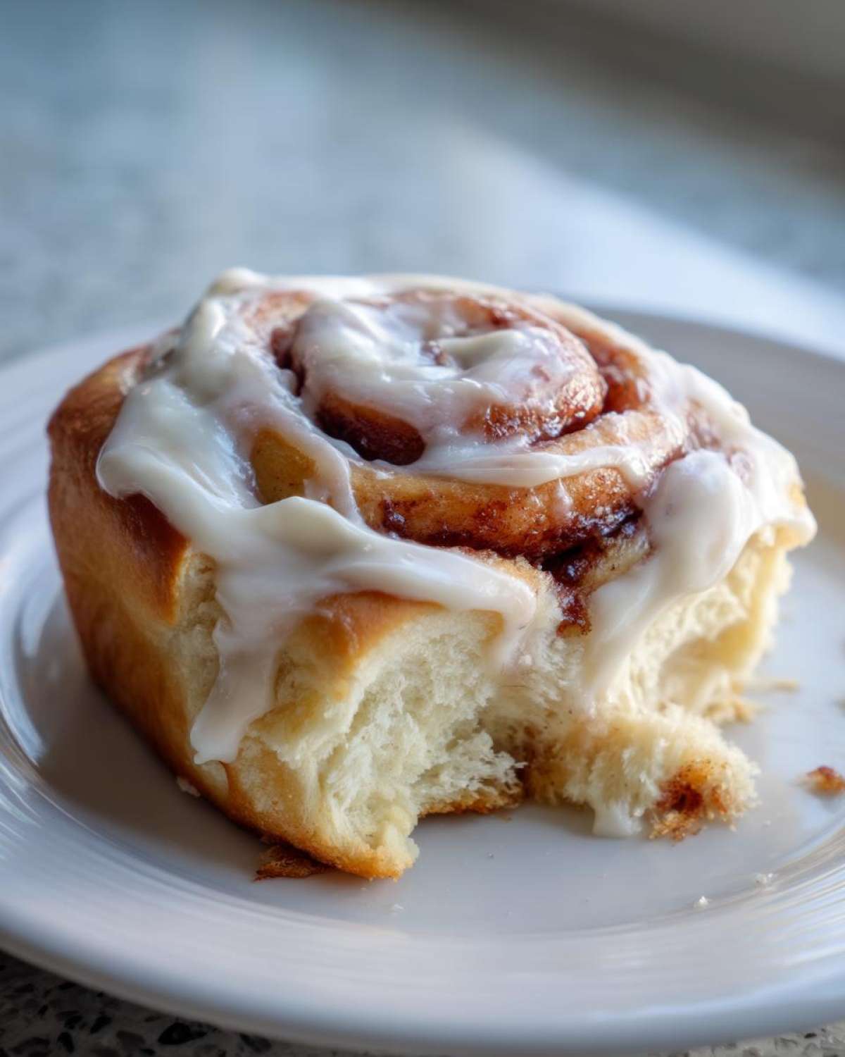 A close-up of a soft, freshly baked Gluten-Free Cinnamon Roll topped with thick white icing, with a bite taken out.