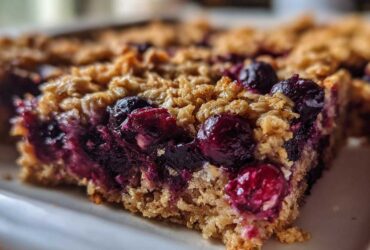 A close-up, macro shot of a rich, moist slice of Blueberry Baked Oatmeal Squares showing the berry filling and oat topping.