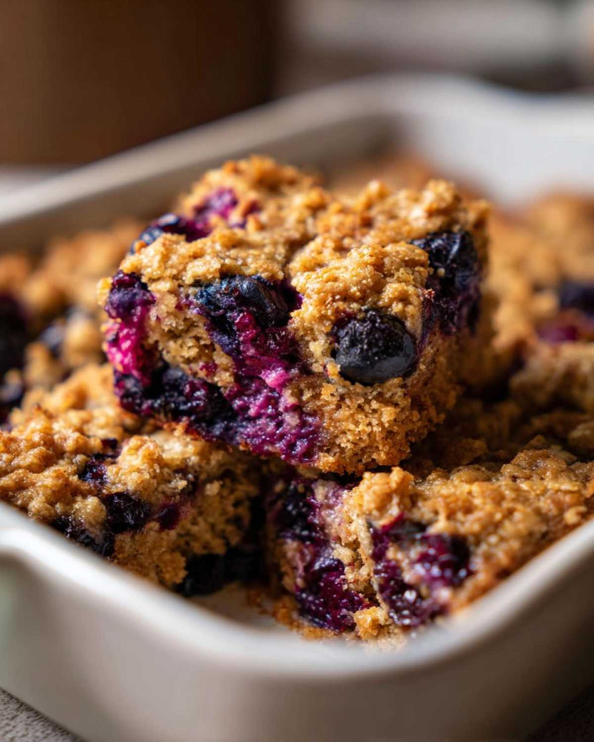 Two stacked squares of moist Blueberry Baked Oatmeal Squares showing a rich, purple blueberry filling and crumbly oat topping.