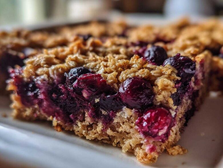 A close-up, macro shot of a rich, moist slice of Blueberry Baked Oatmeal Squares showing the berry filling and oat topping.