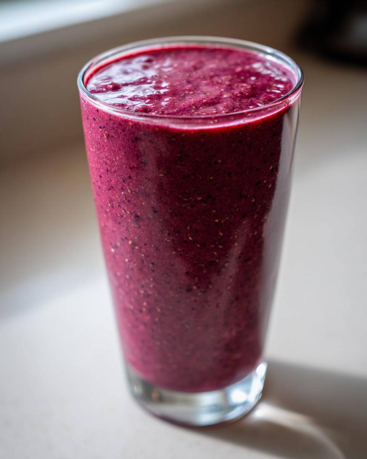 Close-up of a thick, deep purple Blueberry Lemon Chia Smoothie served in a tall glass.