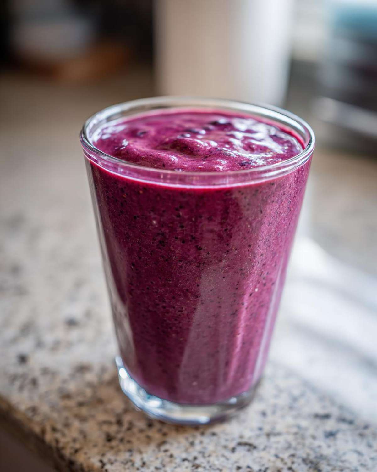 A close-up of a thick, vibrant purple Blueberry Lemon Chia Smoothie served in a clear glass on a speckled countertop.