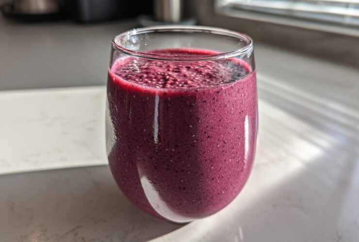 Close-up of a vibrant, deep purple Blueberry Lemon Chia Smoothie topped with visible chia seeds.