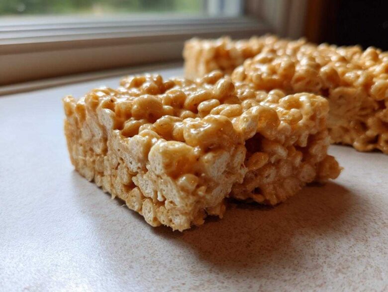 Two thick, chewy squares of Brown Butter Rice Krispie Treat Bars sitting on a light countertop near a window.
