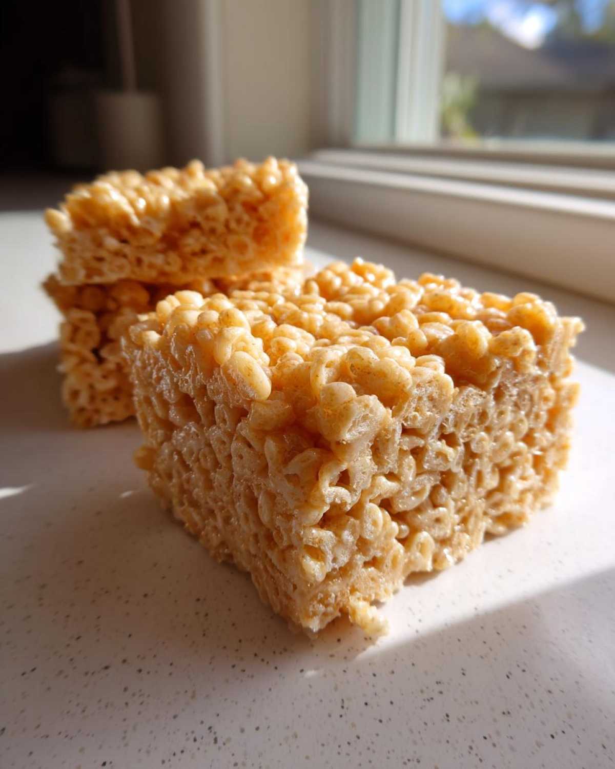 A close-up of chewy Brown Butter Rice Krispie Treat Bars sitting on a speckled countertop near a sunny window.