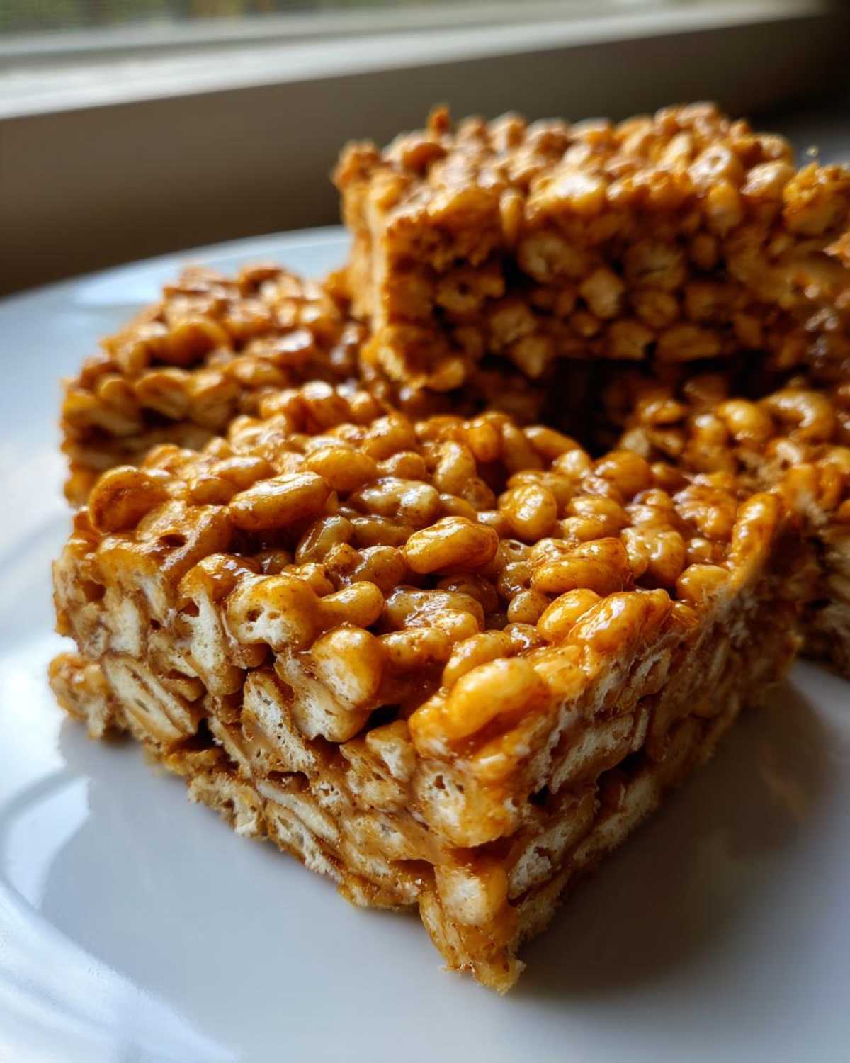 Close-up of gooey, golden Brown Butter Rice Krispie Treat Bars stacked on a white plate.