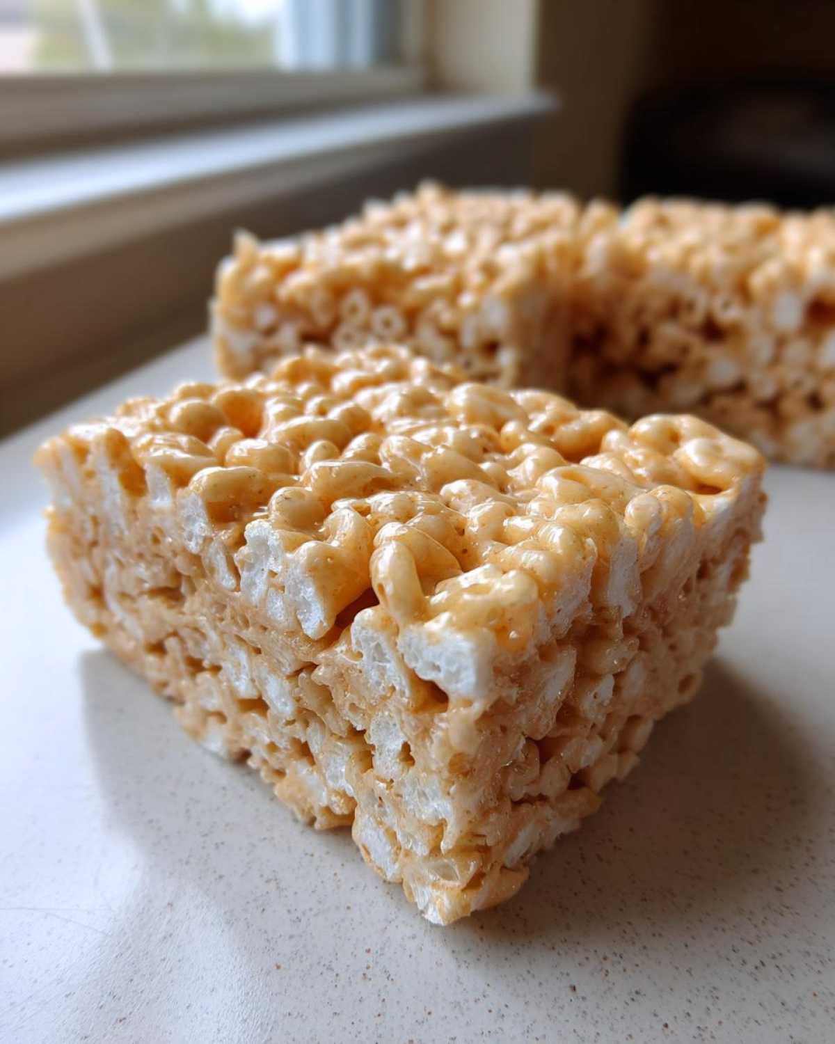 A close-up, square piece of Brown Butter Rice Krispie Treat Bars showing the texture of puffed rice cereal coated in a golden brown butter mixture.